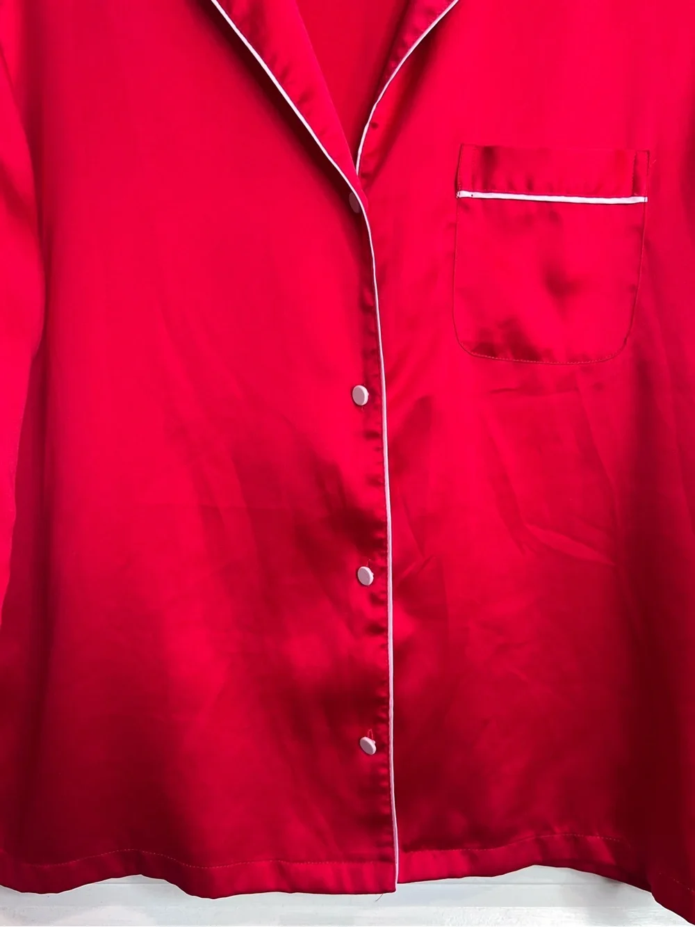 Victoria's Secret Bright Red Satin Pajama Set White Piping Trim. Size Small.